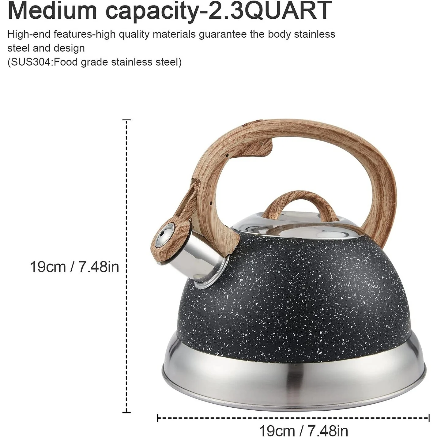 EVCO International Inc. Creative Home 2.3 Qt. Stainless Steel Whistling Tea Kettle with Ergonomic Wood Rubber Touching Handle, Opaque Black with