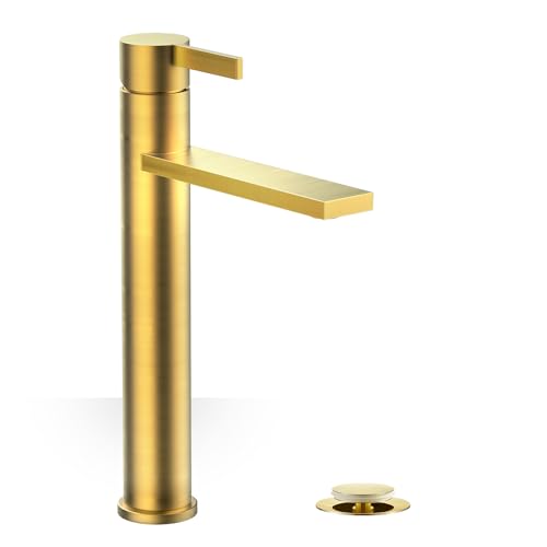 Phiestina Brushed Gold One Hole High Bathroom Vessel Sink Faucet, Single Hole Single Handle Tall Bathroom Faucet, with Pop Up Drain and Water Supply Line,FH01-BG-V