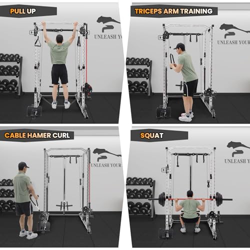 GaveeLife Power Cage, 2000 LBS Power Rack with Cable Cross-Over System, Multi-Functional Strength Training Squat Rack with LAT Pull Down System, Home Gym Equipment with Training Attachment