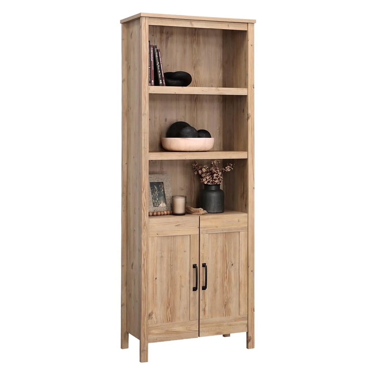 Pemberly Row Engineered Wood Bookcase with Doors in Khaki Pine Finish