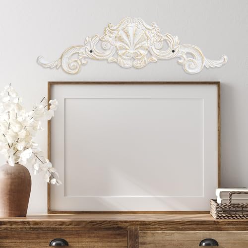 Sungmor Cast Iron Fleur De Lis Wall Decor, Vintage White Metal Flower Scrolled Wall Pediments Decor, 15.5