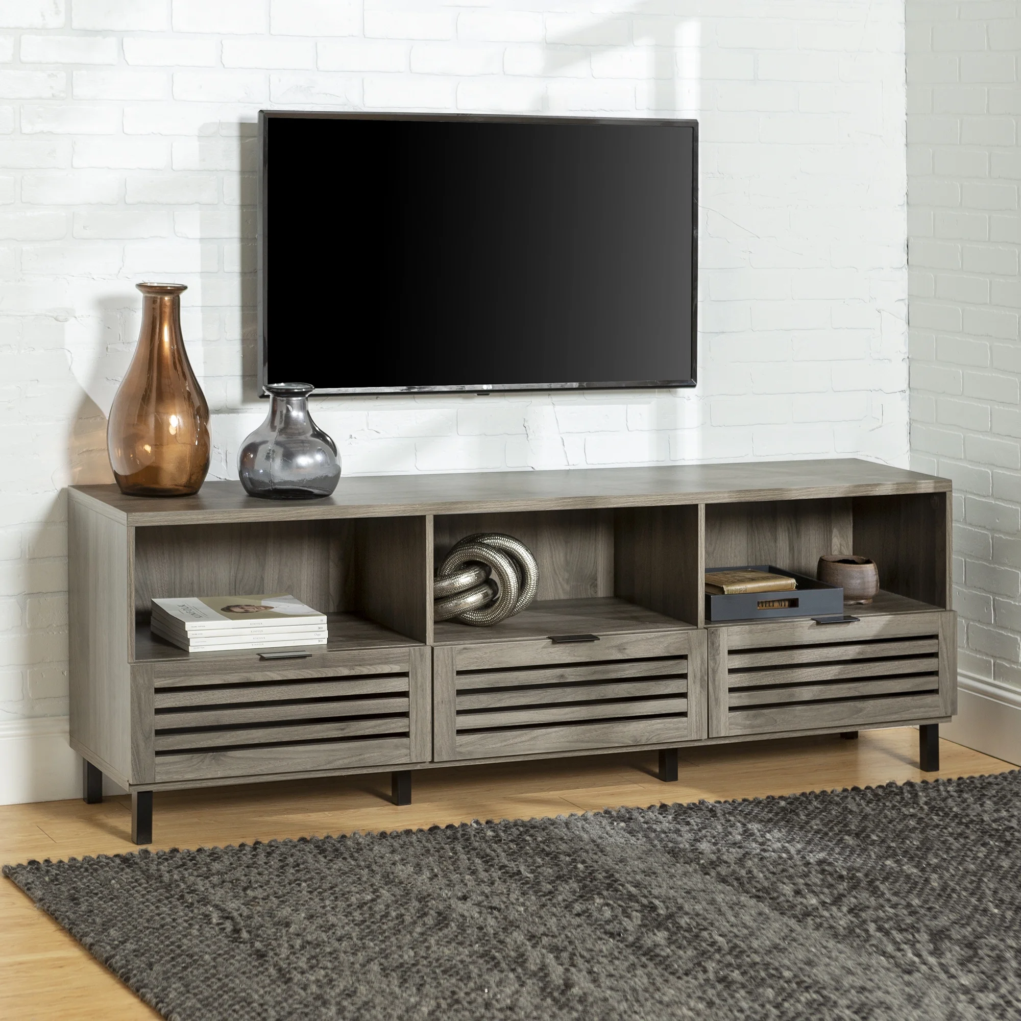 Walker Edison Jackson Modern Slatted 3-Drawer TV Stand for TVs up to 70
