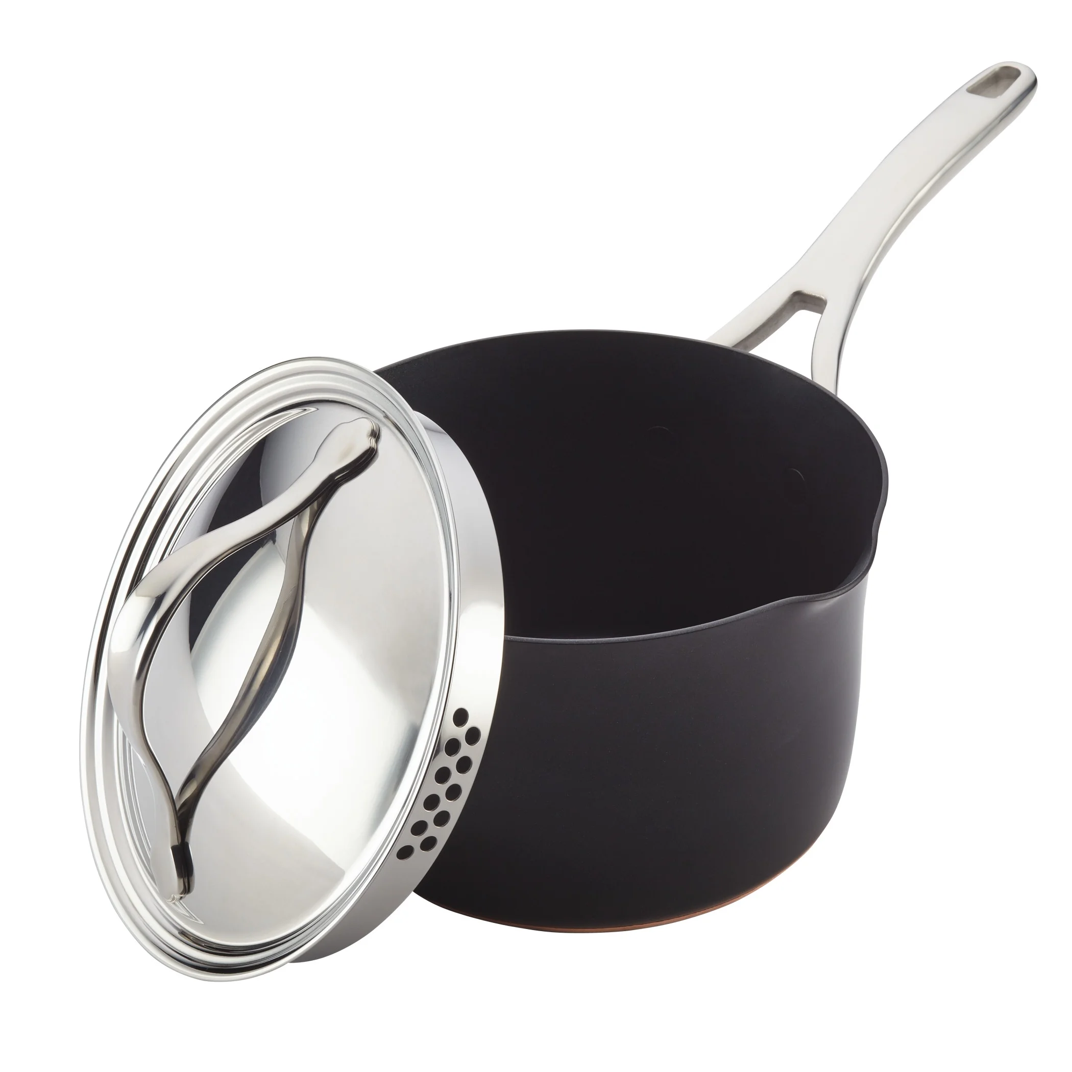 Anolon Nouvelle Copper Luxe Hard-Anodized Nonstick Straining Saucepan, 3.5-Quart, Onyx