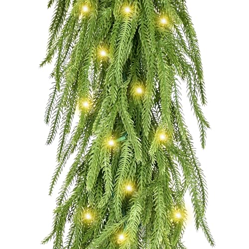 Christmas Garland with Lights for Mantle Prelit - INCIKITI 9FT Norfolk Pine Garland Prelit Garlands for Decoration Christmas, Battery Operated Christmas Garland with Lights for Stairs Railing Table