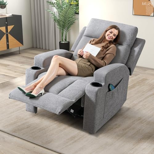 Phoenix Home Manual Recliner Chair with Massage and Heat Ergonomic Overstuffed Breathable Fabric Reclining Chair with 2 Side Pockets, 2 Cup Holders, Remote Control, Living Room, Bedroom, Gray