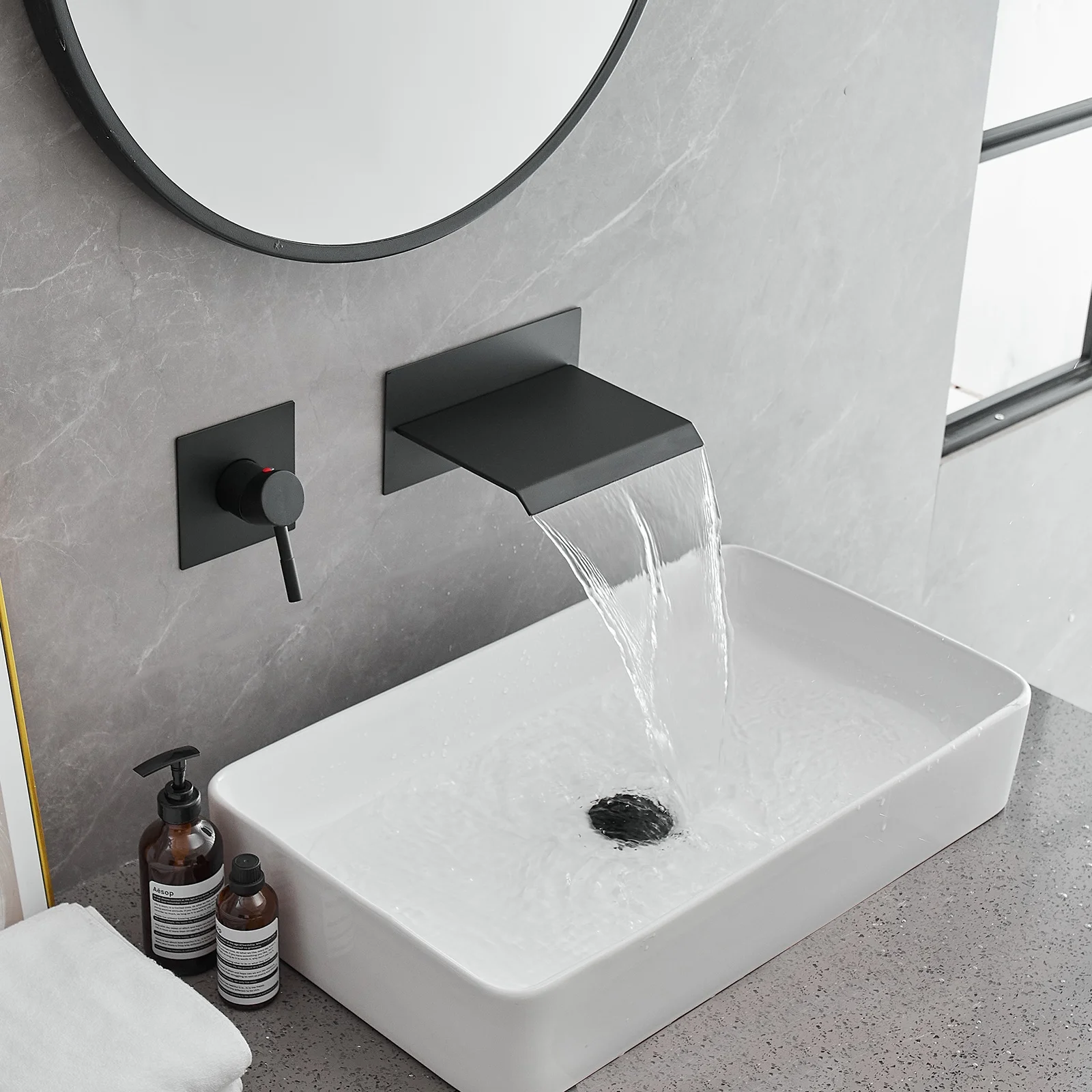Single Handle Wall Mount Spout Waterfall Bathroom Faucet in Matte Black