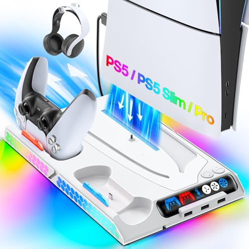 PS5/Slim/Pro Cooling Station with 4-Level Fan by Temp Auto Control & 9 RGB Modes, PS5 Stand Vertical Dock Station for All PS5 Console, PS 5 Accessory with Charge for PS 5 Original/Edge Controller