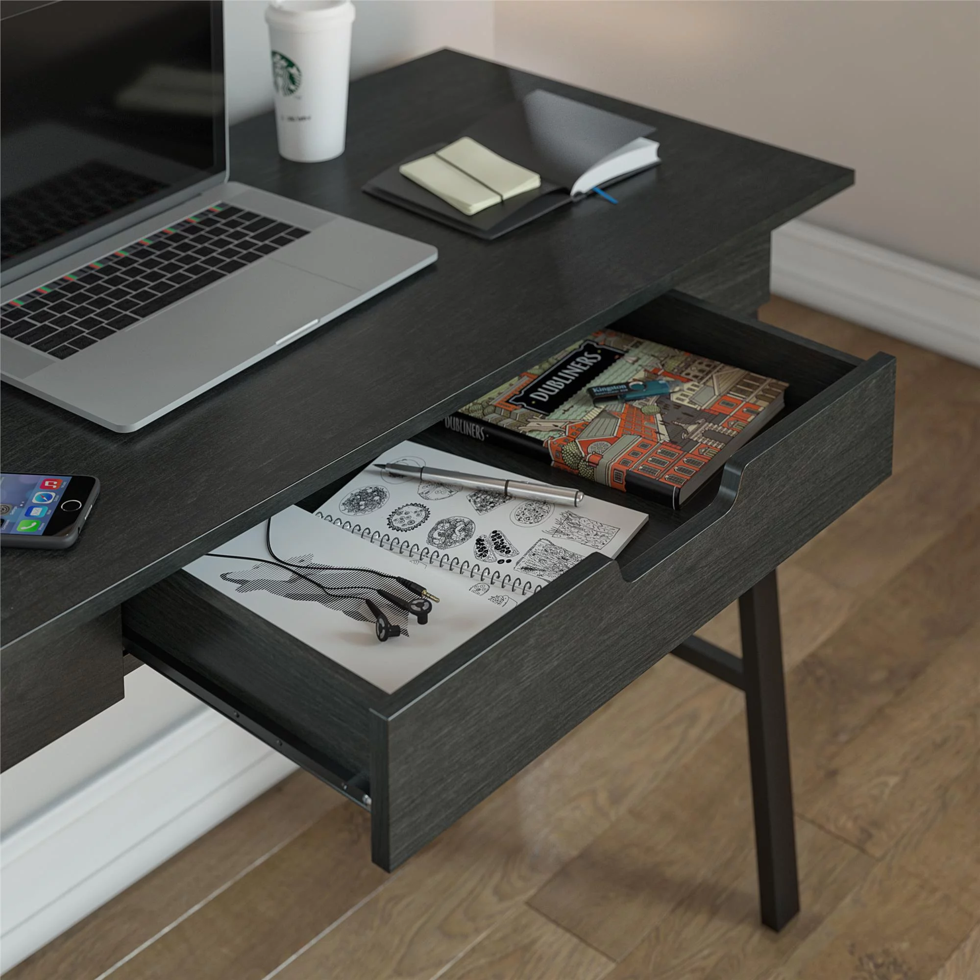 Ameriwood Home Oviedo Computer Desk with Drawer, Black Oak