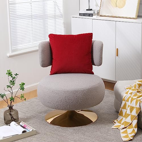 Swivel Accent Chair, Upholstered Barrel Chair with Pillow, 360 Degree Swivel Comfy Single Sofa Chair for Living Room, Bedroom, Lounge, Home Office (White with Orange Pillow, Teddy)
