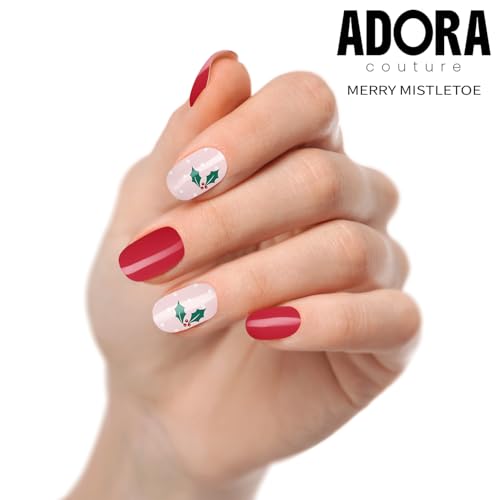 Semi-Cured Gel Nail Strips - 20 Salon-Quality Gel Sticker with UV Light Required, Long Lasting, Easy Application & Removal, Includes Prep Pad, Nail File, Wooden Stick (Merry Mistletoe)