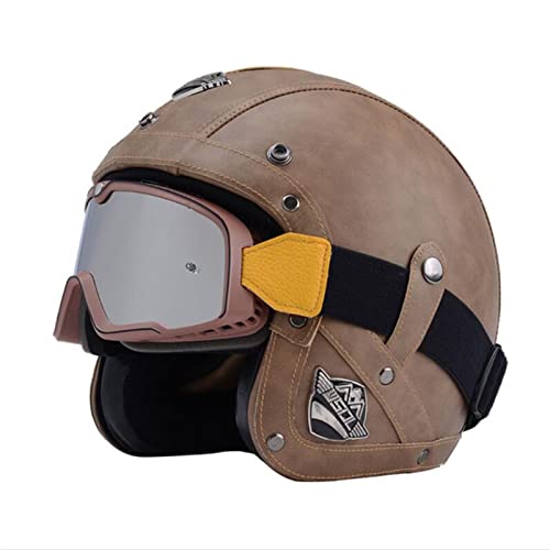 Leather Motorcycle Vintage Half Helmets Cruiser Scooter Touring Helmet DOT Approved Street Motorbike Moped Jet Style Helmet for Men and Women Retro Locomotive Motorcycle Helmet