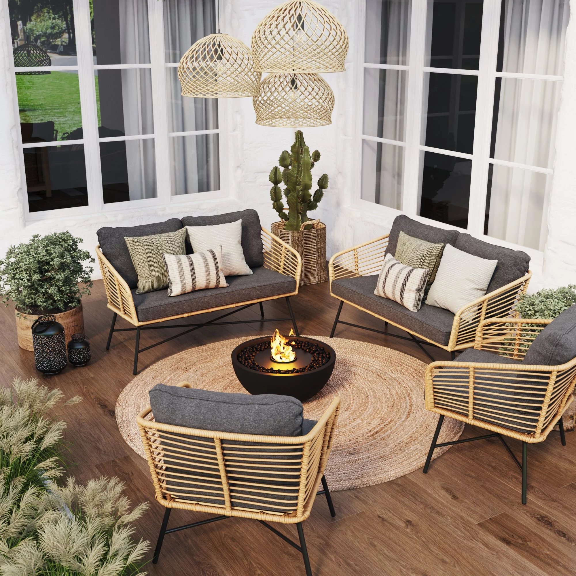 Nathan James Flow Bohemian 4-Piece Wicker Furniture Set, Rattan Patio Conversation Set with Cushions, Rattan/Black
