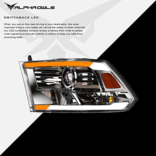 Alpha Owls 8710401 Crystal Headlights With Switchback Sequential LED Light Bar & Startup Light - Black Amber Fits 2009-2018 Dodge Ram 1500 2500 3500/2019-2023 Classic Halogen Models