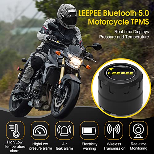 leepee Motorcycle Tire Pressure Monitoring System, Tire Pressure and Temperature Alarm, Wireless Motorcycle TPMS with 2 External Sensors, Support iOS and Android, Valves for Vehicle Tires