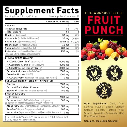 Pre Workout Powder | Kaged Pre-Workout Elite for Men & Women | High Stimulant for Energy, Focus, Pumps | L-Citrulline, Beta Alanine, Creatine & 388mg of Organic Caffeine | Fruit Punch | 20 Servings