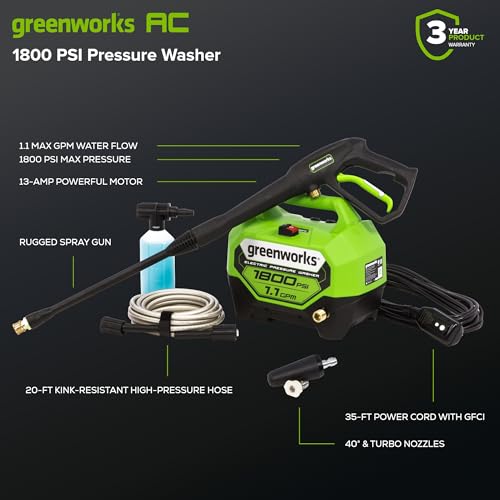 Greenworks 1800 PSI (1.1 GPM) Electric Pressure Washer PWMA Certified