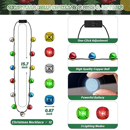 Christmas Light Necklace, 3Pcs Bells Light up Christmas Necklace, Jingle Bells Xmas Necklaces Women Men, 3 Modes Party Favors Ugly Sweater Holiday Party Supplies Accessories