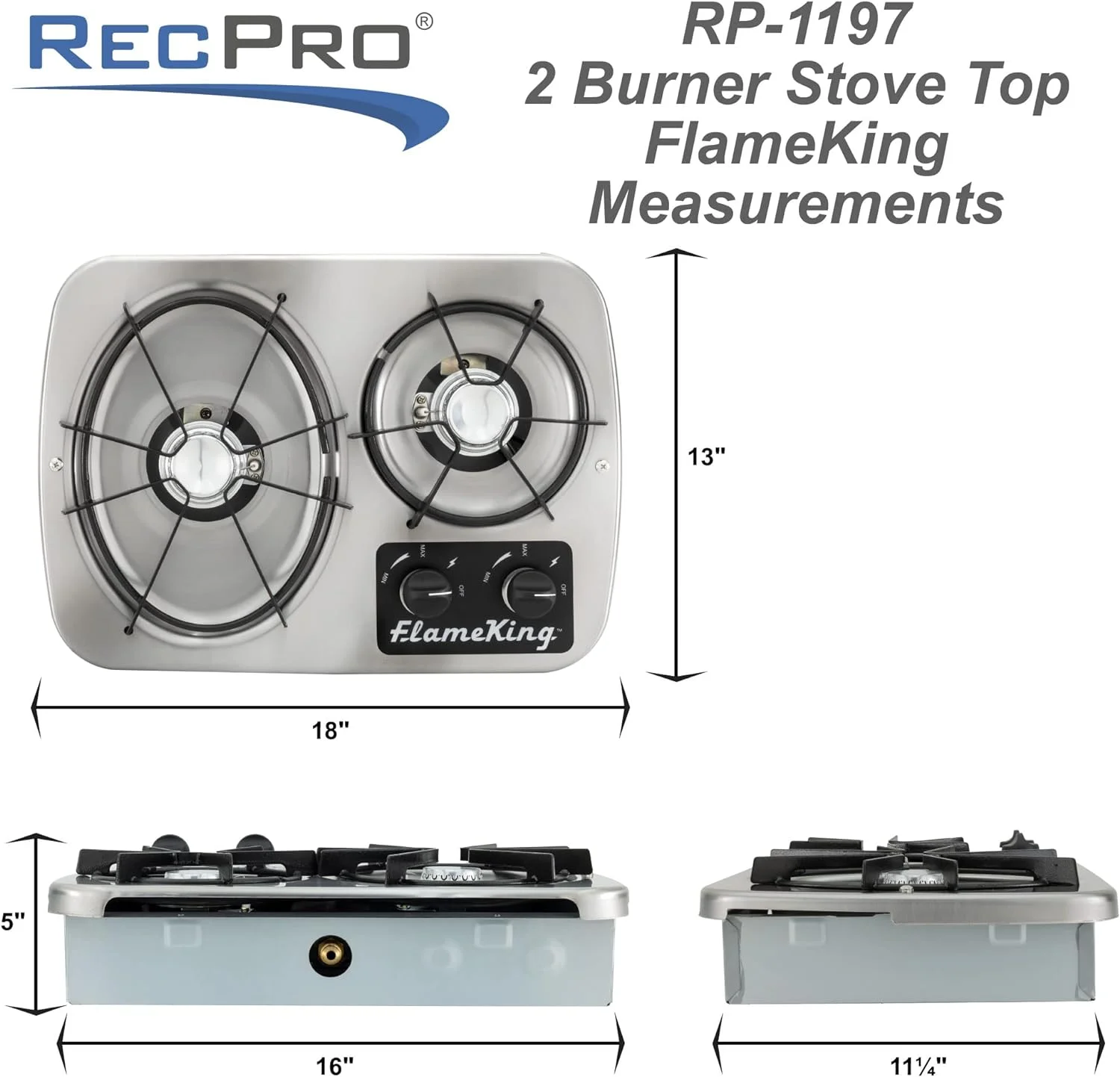 RecPro RV 2 Burner Gas Built-In Cooktop Stove with Cover Hood and Wind Guard | 7200 and 5200 BTU Burners