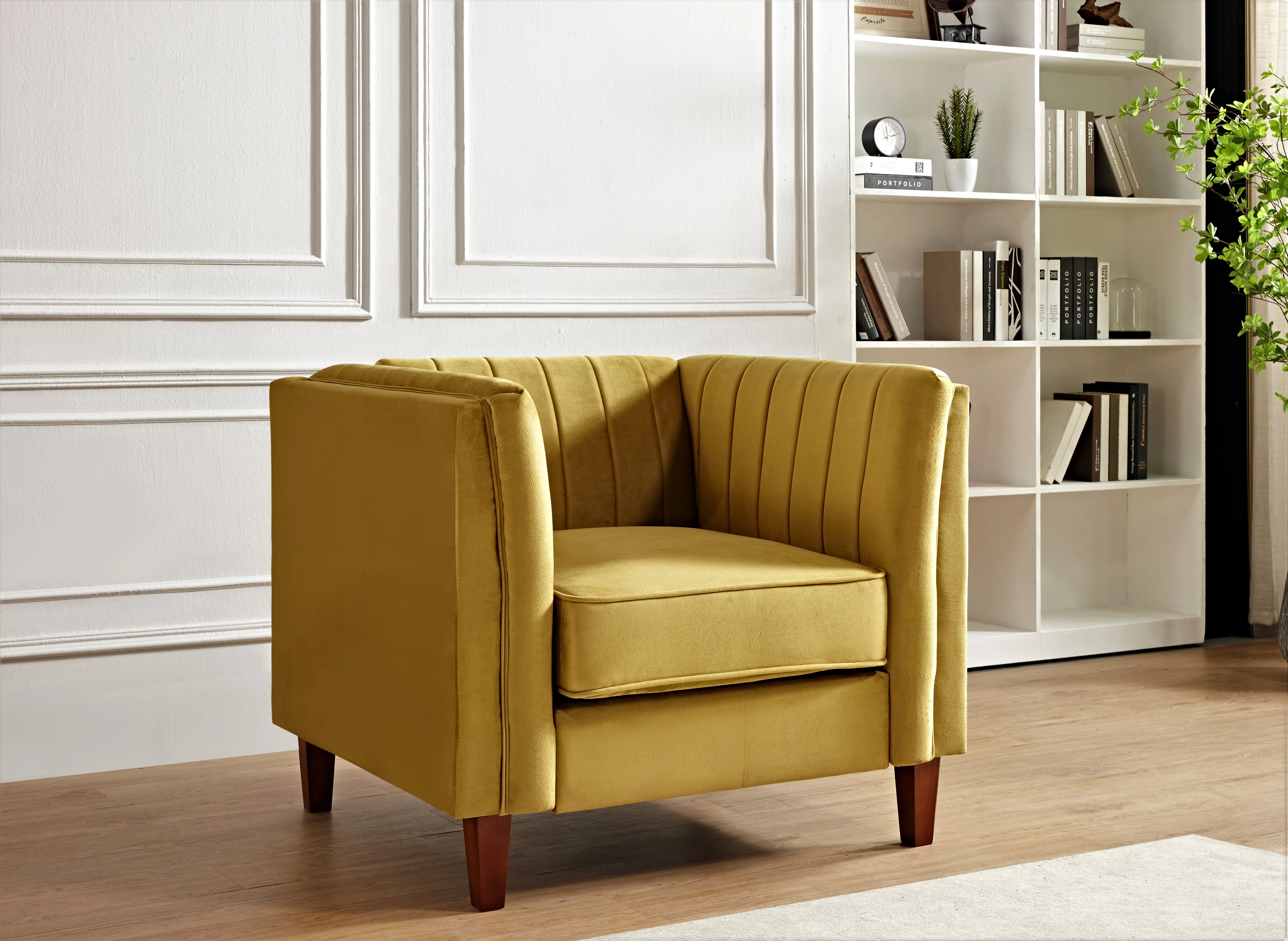 Uspridefurniture Plainfield Line Tufted Square Velvet Armchair,Yellow