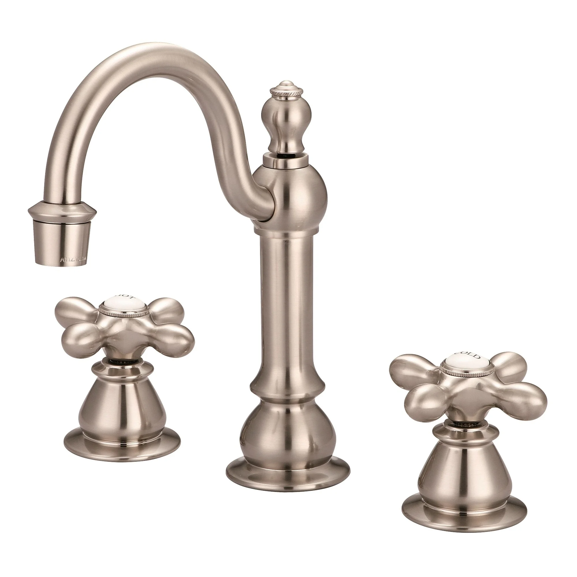 Water Creation American 20th Century Classic Widespread Lavatory F2-0012 Faucets With Pop-Up Drain in Brushed Nickel Finish labeled porcelain cross
