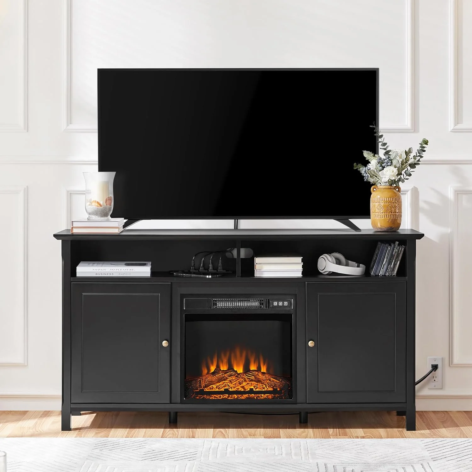 HJZUINIUNIU Black TV Stand with Doors for TVs up to 65 in  Modern TV Console with Power Outlet &    Mid-Century Entertainment Center for Living Room  31 in Tall