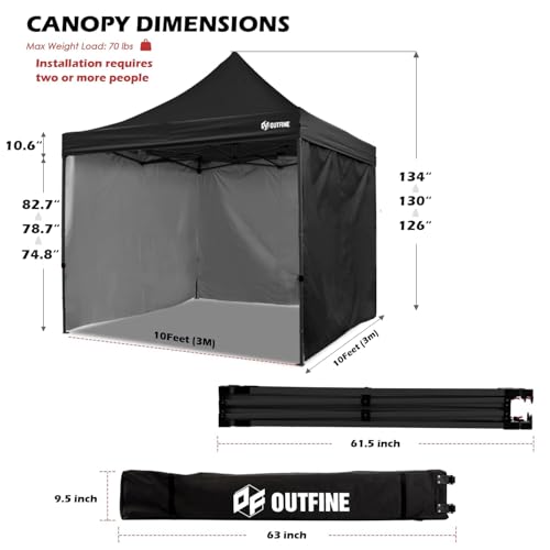 OUTFINE Heavy Duty Canopy 10x10 Pop Up Commercial Canopy Tent with 3 Side Walls Instant Shade, Bonus Upgrade Roller Bag, 4 Weight Bags, Stakes and Ropes (White, 10 * 10FT)