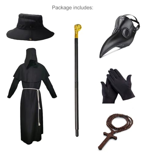 Nicexx Plague Doctor Mask Costumes Set 6 in 1 Halloween Beak Mask Plague Dr Outfit for Adults (XX-Small)