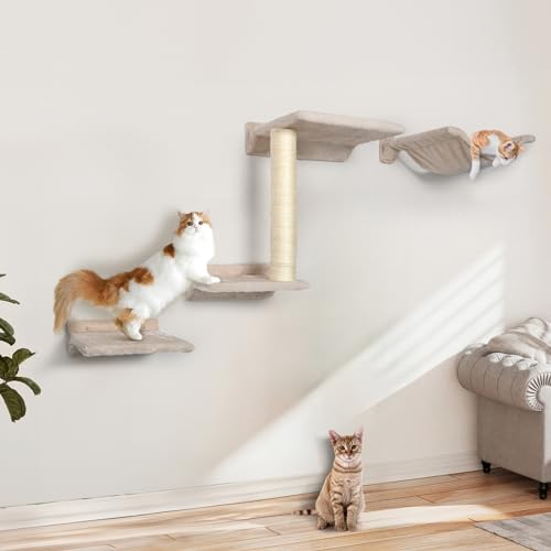 Cat Wall Shelves - 5 Pcs Wall-Mounted Cat Furniture Tree Climbing Wall, Including 2 Steps, 1 Perches, 1 Hammock, 1 Sisal Scratcher Post, DIY Playground for Large Cats