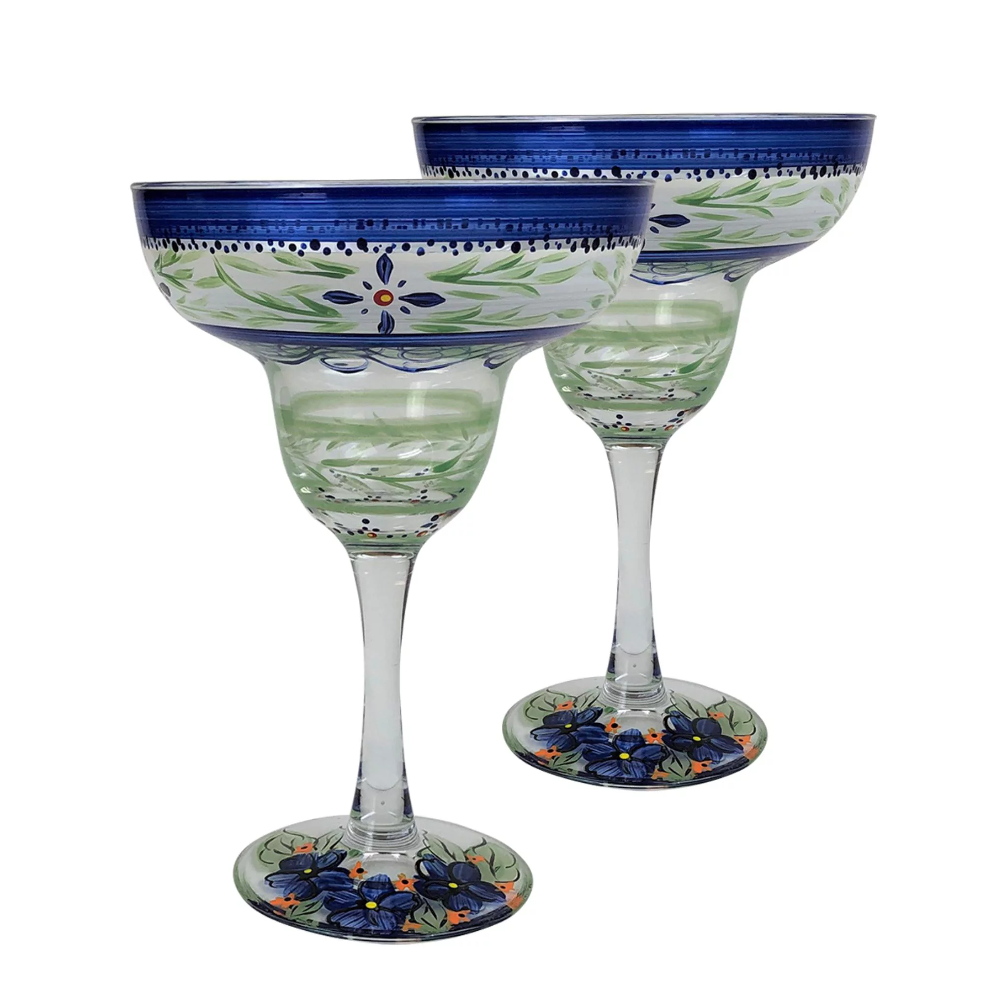 Crafted Creations Set of 2 Green Floral Hand Painted Margarita Stemware Glasses 12 oz.