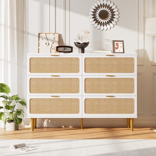 Rattan 5 Drawer Dressers for Bedroom, Tall Dresser with Deep Drawers, Large Chest of Drawers for Closet with Wide Top, Long Wooden Dresser for Living Room, Hallway, Kids Room, Black