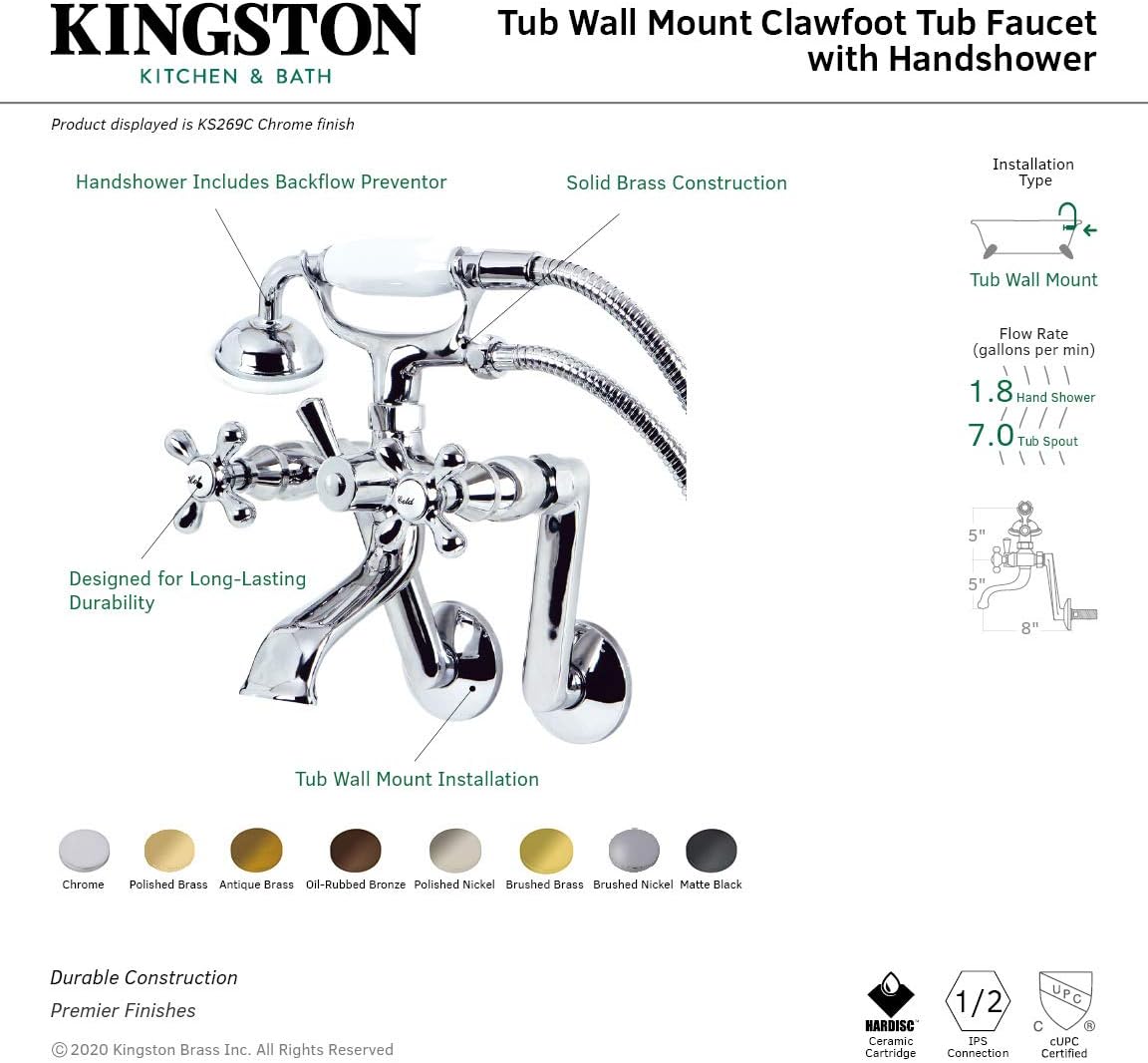 Kingston Brass KS269MB Kingston Wall Mount Clawfoot Tub Faucet with Hand Shower, Matte Black