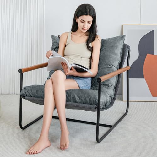 MAXYOYO Accent Chair, Velvet Arm Chair Living Room Chair with Metal Frame, Reading Accent Chair, Modern Bedroom Chair, Boucle Armchair with Wooden Arms, Beige