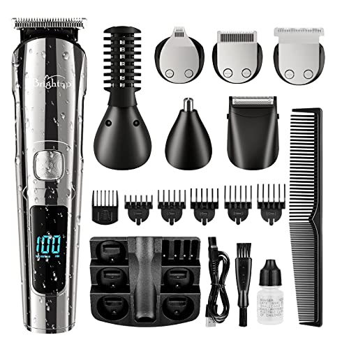 Brightup Beard Trimmer for Men, IPX7 Waterproof Mens Grooming Kit with Cordless Hair Clippers, Electric Razor with LED Display, Shavers for Mustache, Body, Face, Ear, Nose Hair Trimmer, Gifts for Men