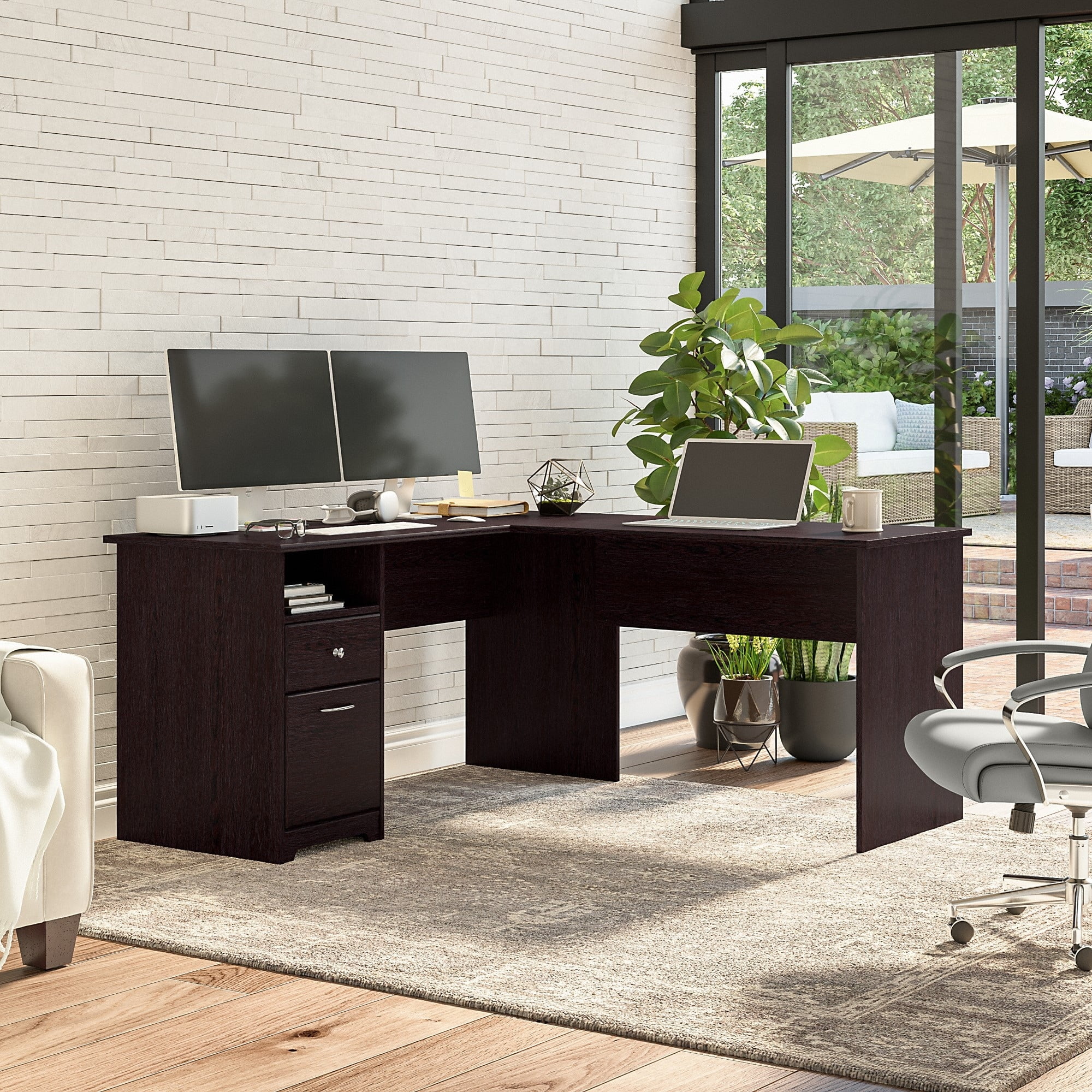 Cabot 60W L Shaped Desk with Drawers in White - Engineered Wood