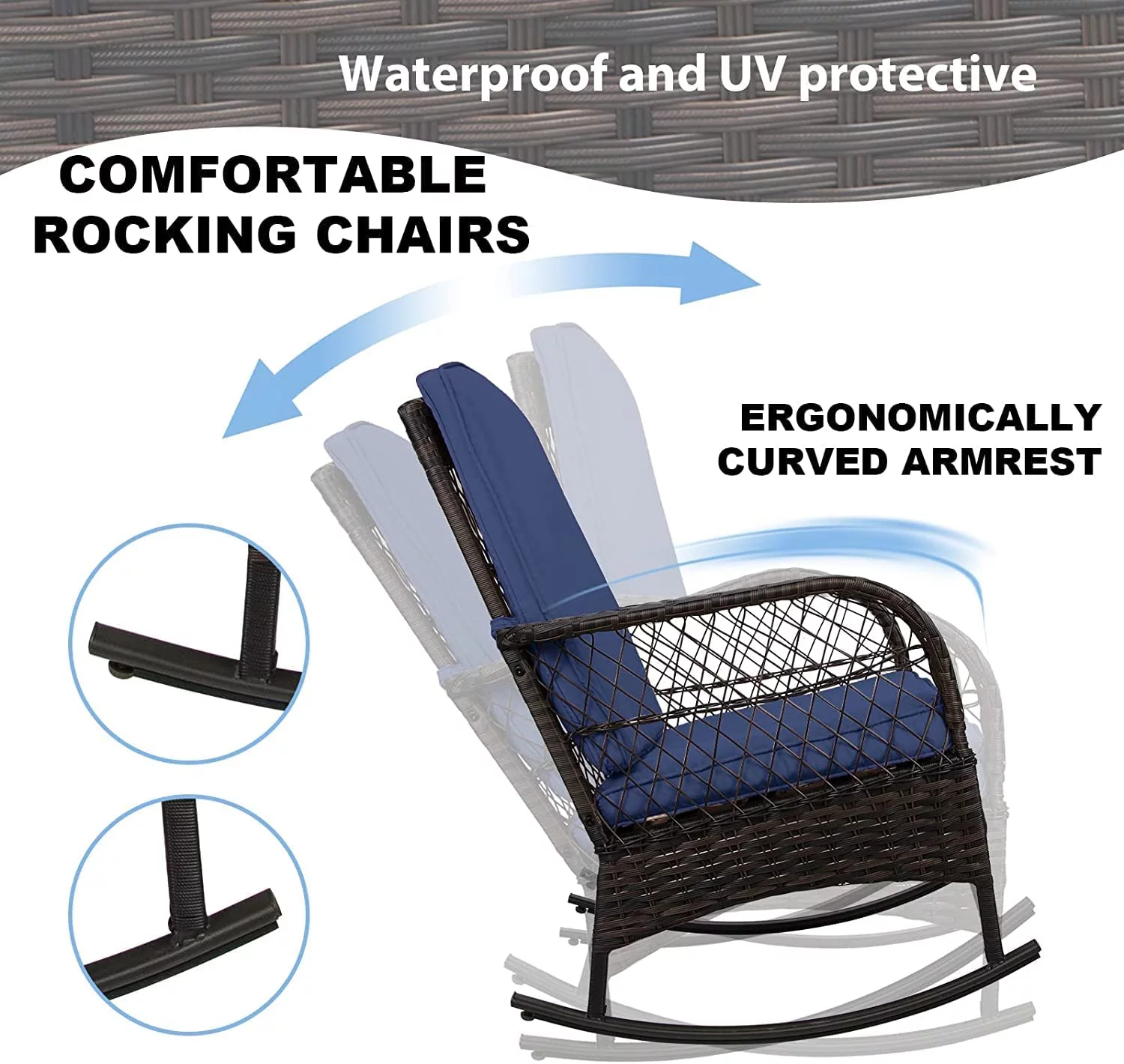 LEVELEVE 3 pcs Rocking Bistro Set Conversation Chairs PE Wicker Outdoor Rocking Chairs & Glass Table,for Porch Lawn Garden Backyard Deck(Green)
