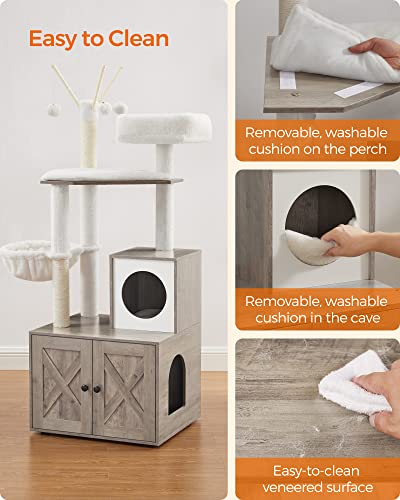 Feandrea Cat Tree with Litter Box Enclosure, 2-in-1 Modern Cat Tower, 55.1-Inch Cat Condo with Scratching Posts, Removable Pompom Sticks, Rustic Brown UPCT113X01