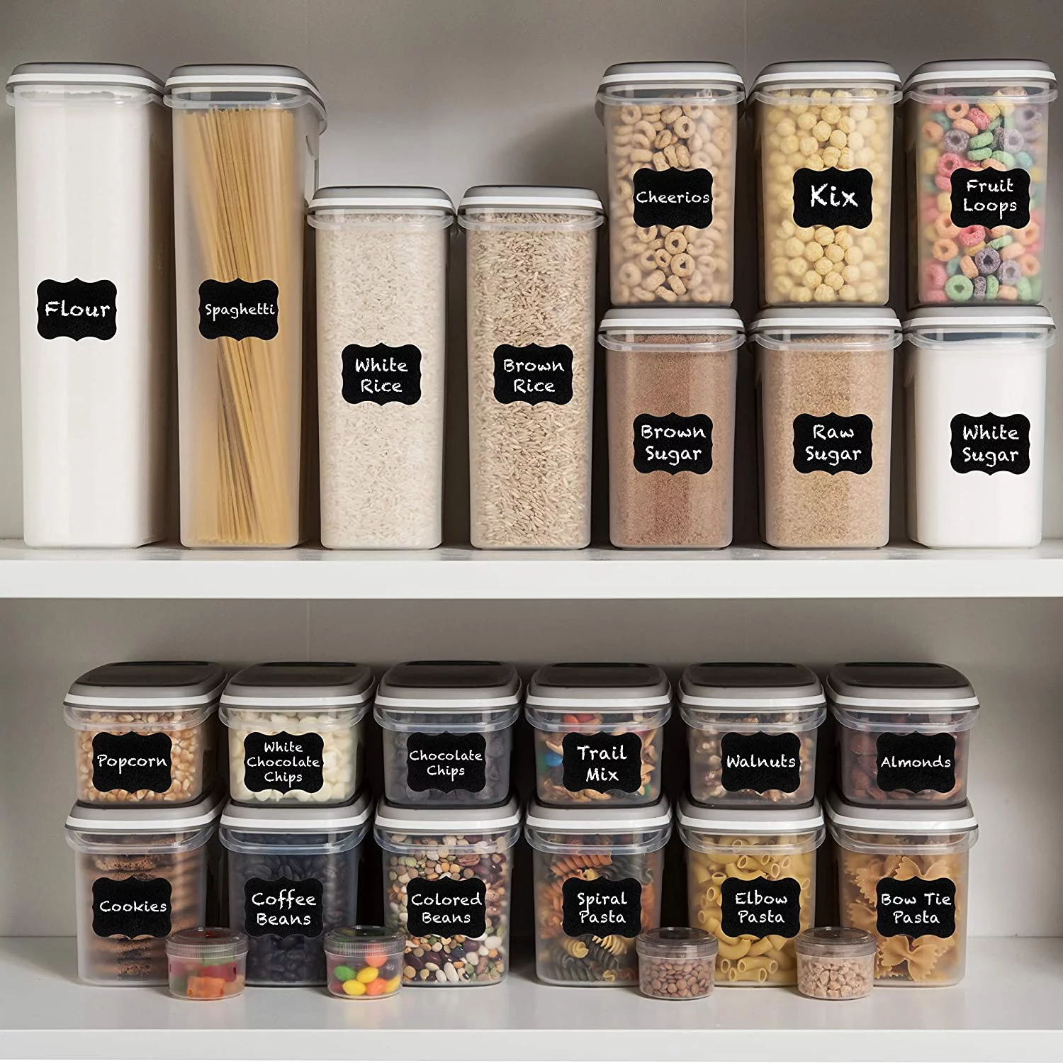 LARGEST Set of 52 Pc Food Storage Containers (26 Container Set) Shazo Airtight Dry Food Space Saver w Interchangeable Lid, 14 Measuring Cups + Spoons, Labels + Marker - One Lid Fits All - Reusable