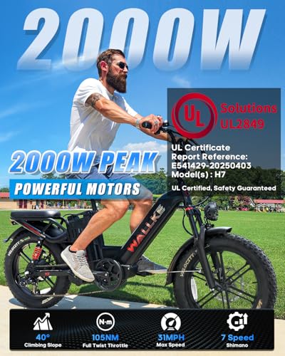 W Wallke AWD Dual Motor Electric Bike for Adults, UL2849 Certified, 48V 60Ah Battery Cell Brand Sam-Sung, Long Range 200 Miles 35MPH Fast Ebike, 20