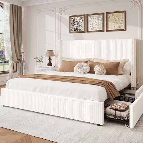 King Size Bed Frame with 4 Storage Drawers Modern White Corduroy Upholstered Platform Bed Frame and Headboard Tufted Vertical Stripe &Wooden Slats Support, No Box Spring Need,Easy Assembly