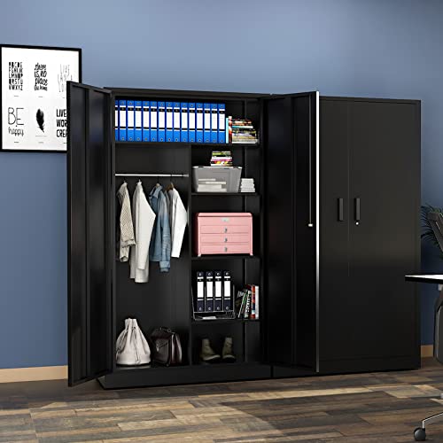 MIIIKO Metal Clothing Storage Locker, Steel Wardrobe Cabinets with Shelves and Closet Rod, 72