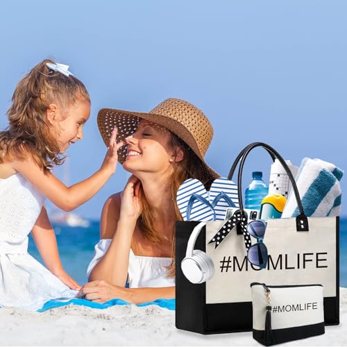 BeeGreen Mother's Day Gifts Personalized Women's Large White and Black Canvas Tote Bag, Embroidered Initials, Leather Handle, Zipper Closure