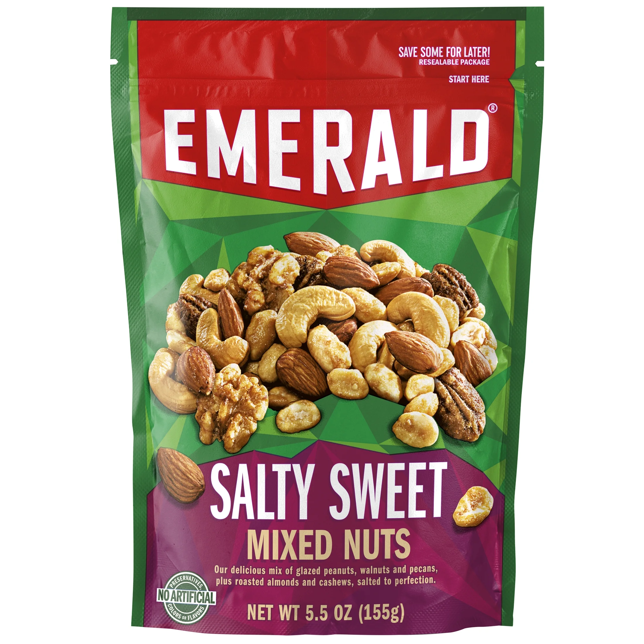 Emerald Nuts Salty Sweet Mixed Nuts, Features Kettle Glazed Peanuts, Almonds, Cashews, Kettle Glazed Walnuts, Kettle Glazed Pecans, 5.5 oz, Resealable Bag, (Pack of 3)