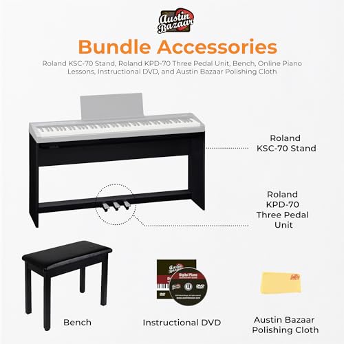 Roland FP-30X 88-Key Digital Piano - Black Bundle with Adjustable Stand, Bench, Sustain Pedal, Online Piano Lessons, Instructional DVD, and Austin Bazaar Polishing Cloth