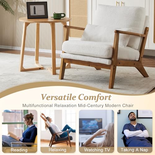 VINGLI Solid Wood Wide Armrests Accent Chair,Upholstered Mid Century Modern Chair with Pillow,Comfy Reading Chair Farmhouse Arm Chair,Chairs Living Room,Bedroom,Guest Room,Linen Fabric,Beige