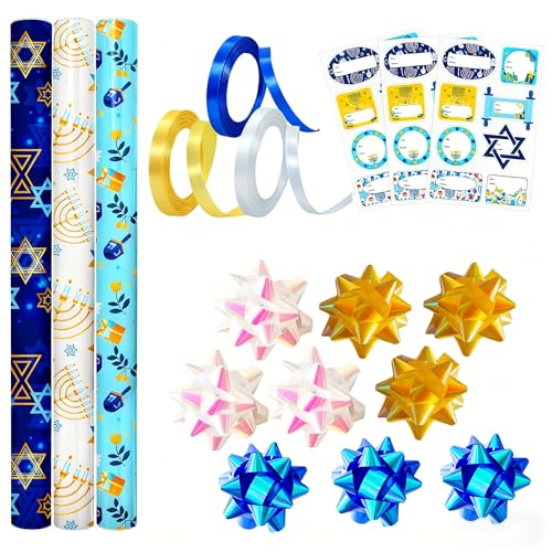 Ertyjikg 30 Pcs Hanukkah Party Supplies Kit Wrapping Paper Gift Tags Bows Rolls Ribbon for Hanukkah Gifts, Decorations