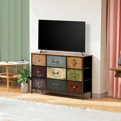 Dresser for Bedroom with 9 Deep Fabric Drawers, Wide TV Stand Storage Cabinet, Colorful Chest of Drawers for Closet, Nursery, Entryway, Hallway
