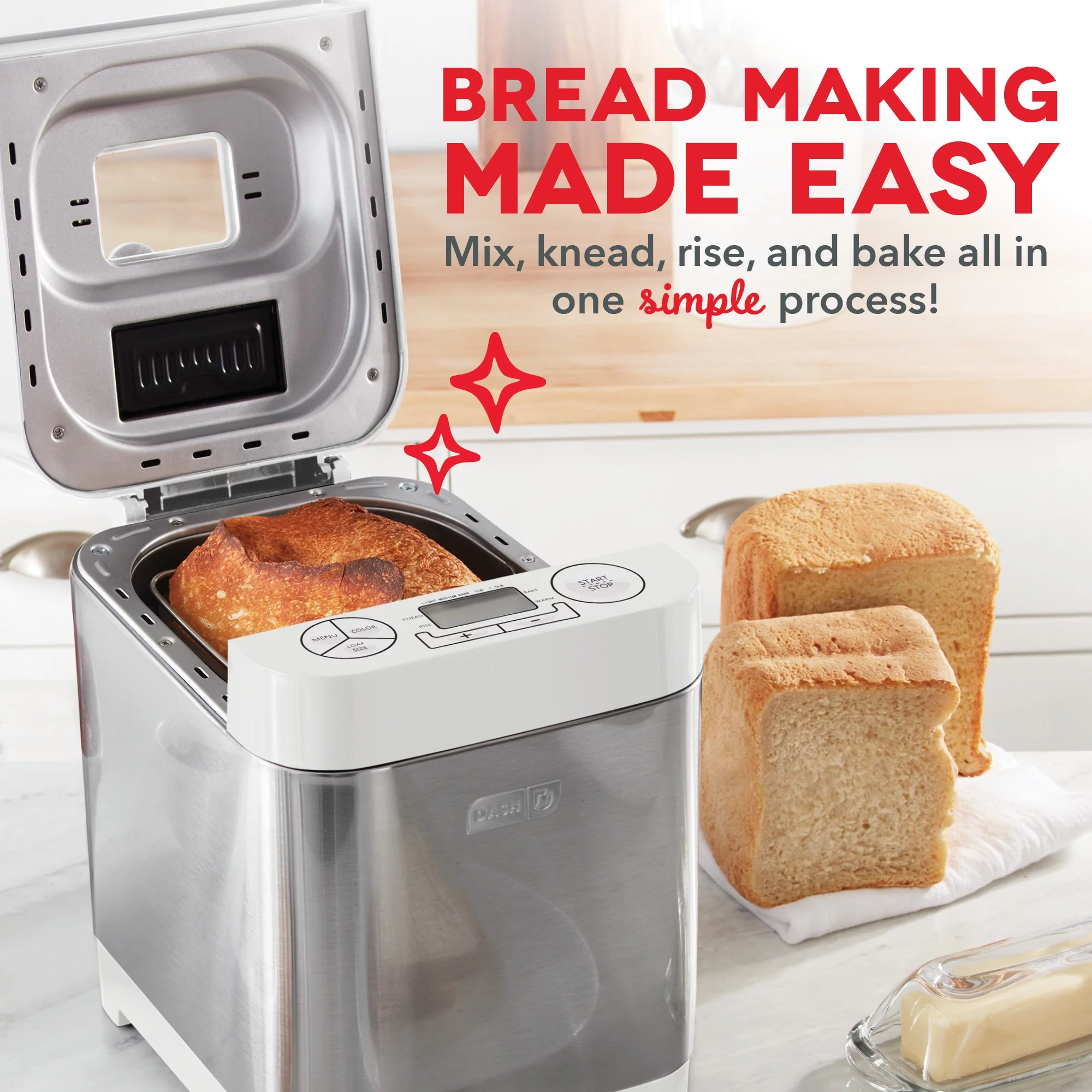 Dash Everyday Stainless Steel Bread Maker Up to 1.5lb Loaf, Programmable, 12 Settings + Gluten Free & Automatic Filling Dispenser