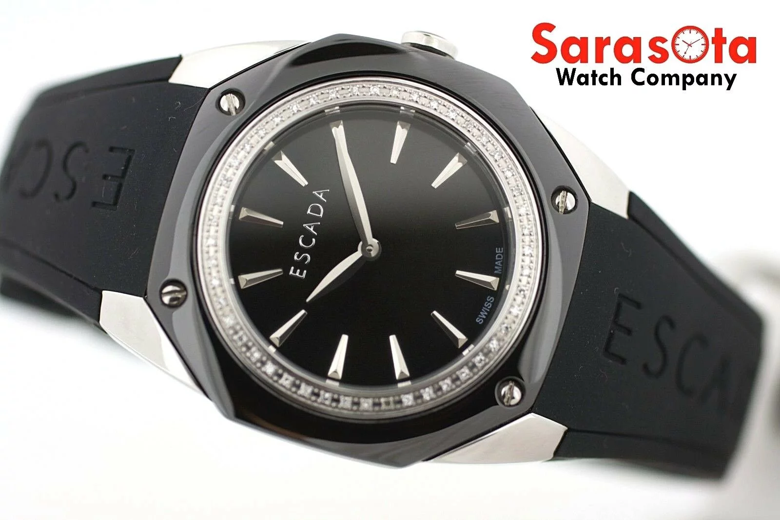ESCADA Naomi Black Ceramic Steel Case Diamond Bezel Rubber Quartz Wrist Watch