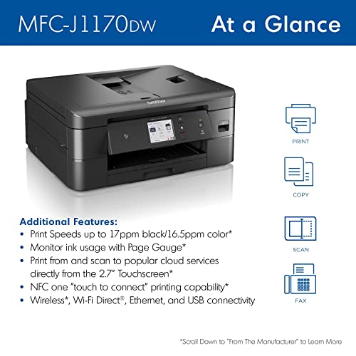 Brother MFC-J1170DW Wireless Color Inkjet All-in-One Printer, NFC One-Touch Print, Duplex, Cloud Print & Scan, Mobile App Control, 2.7