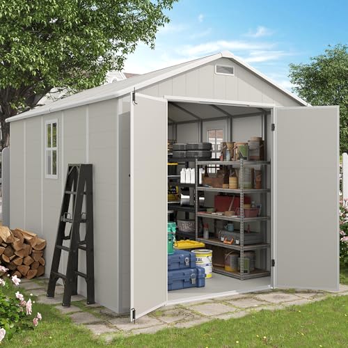 Outdoor Storage Shed, 6x6 FT Resin Shed with Floor and Lockable Door, Window, Vents, Tool Sheds and Outdoor Storage for Bike, Garden Accessories, Tools, Waterproof (Grey & White)